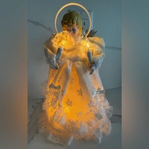 Vintage Light up Tree topper angel christmas dress wings eyes closed prayer